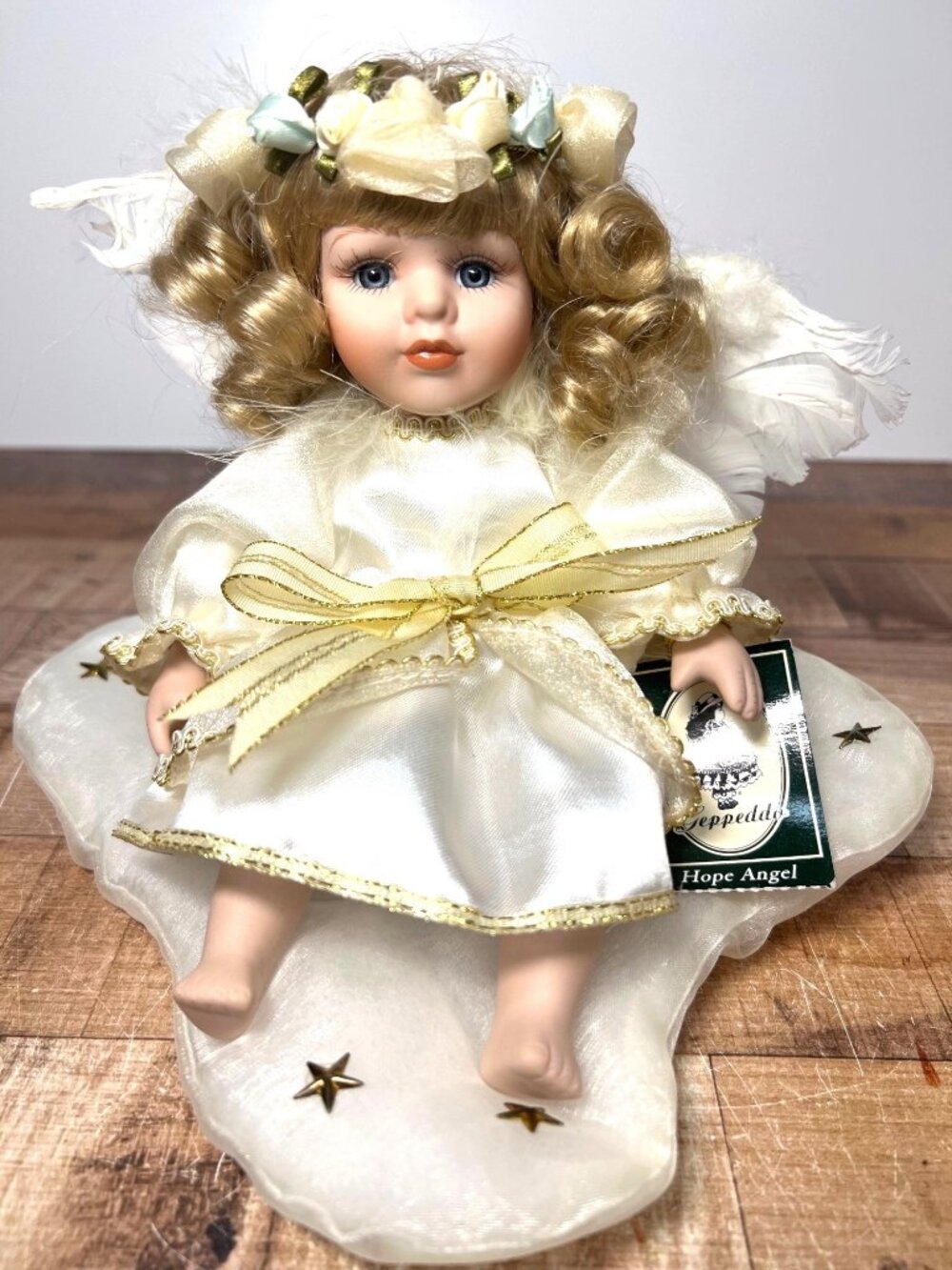 Geppeddo Hope Angel Collectible Porcelain Doll Satin Gown Display On Cloud Base